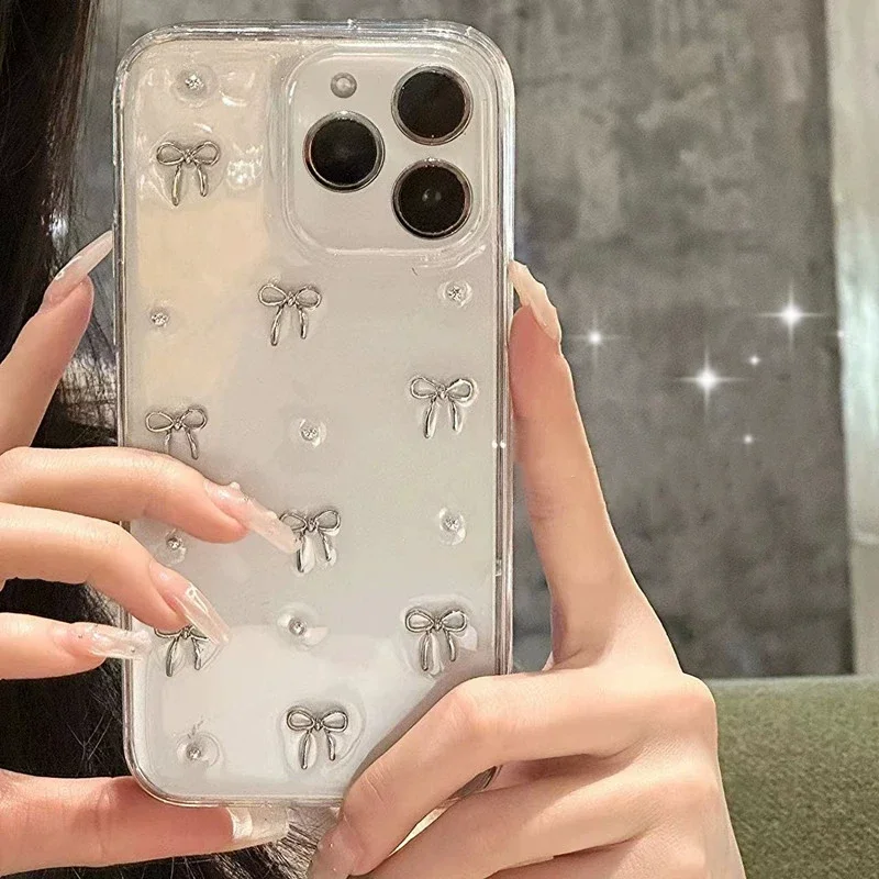 INS Japan Korea Silver Bowknot Phone Case For iPhone 16 15 14 13 12 11 Pro Max X XS XR 7 8 Plus Girl Epoxy Clear Glitter Cover