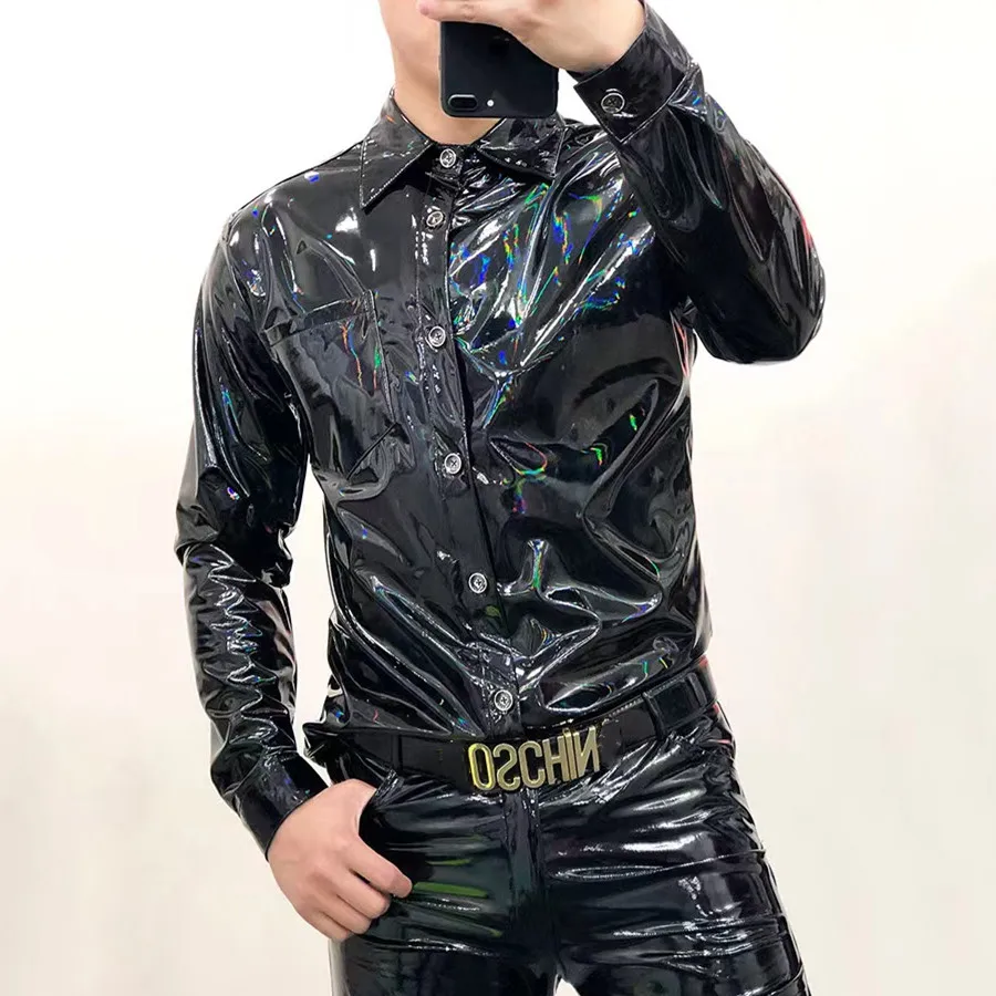 Leather Shirt Reflective Glossy Black Male Slim Long Sleeve Nightclub Party Bar Singer PU Leather Shirts Plus Size