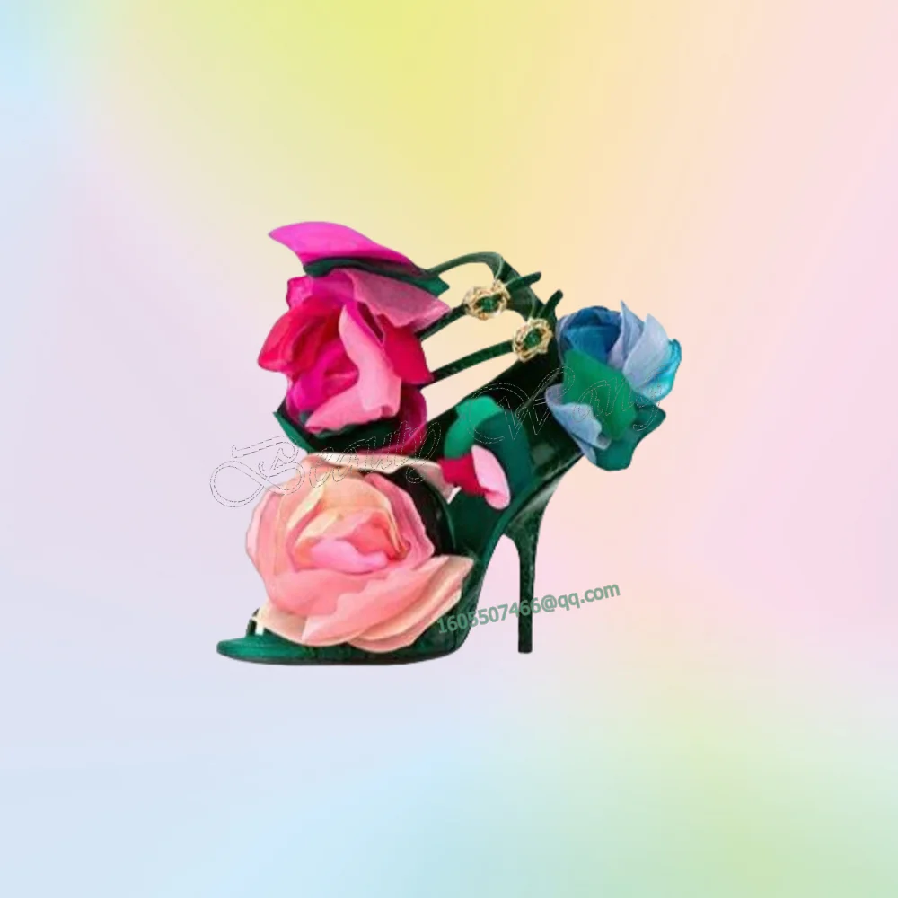 Rosa Sandalen mit großem Blumendekor, gemischte Farben, Absätze, runde Zehen, hohe Schuhe, dünne High-Heel-Schuhe für Damen, 2025, Zapatos Para Mujere
