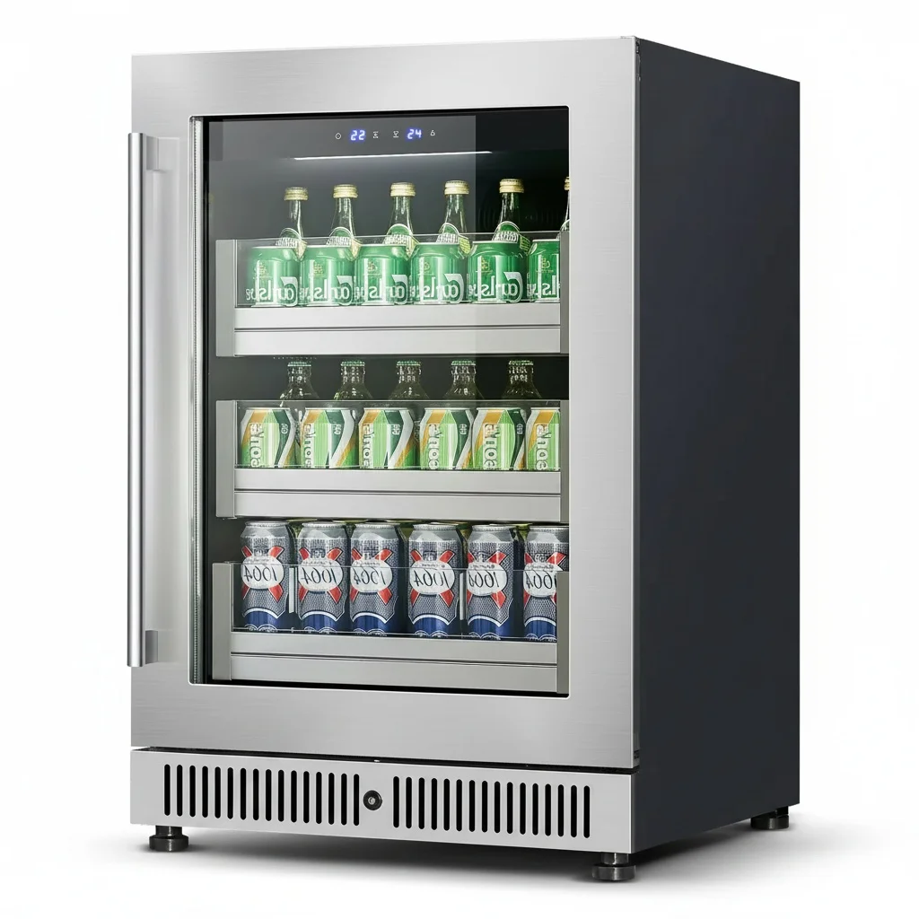 Beverage Cooler, 140L Stainless Steel Undercounter Wine Cooler, Recessed Compressor Constant Temperature Mini Fridge