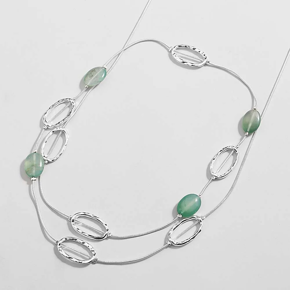 ALLYES Vintage Green Stone Hollow Oval Long Necklace for Women Charm Silver Color Snake Chain Necklace Party Jewelry Gifts