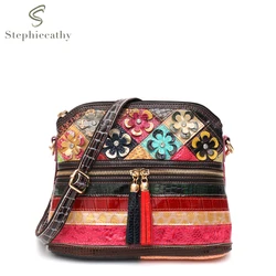 SC Retro Boho Style Colorful Leather Handbag for Women Random Patchwork Flower Decoration Tassel Cross body Shoulder Bag Casual