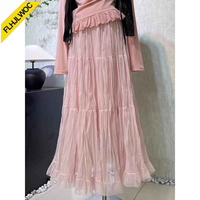 Korean Fashion Romantic Skirts Holiday Date Girls Women’s High Waist A-Line Tulle Layered Cake Mesh Chiffon Long Maxi Skirt