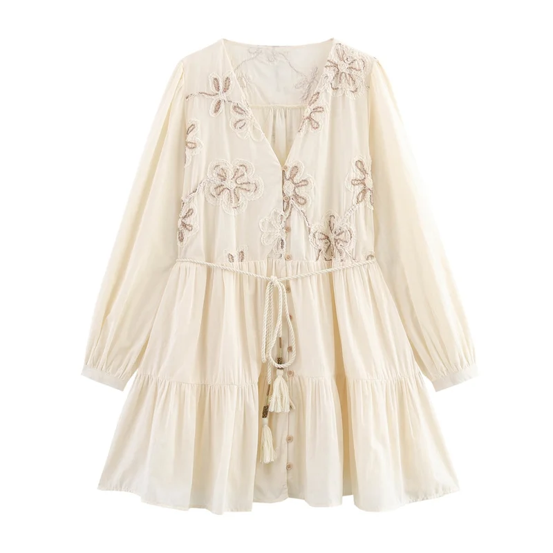 

Embroidery Mini Dresses 2025 Woman Pleated Floral Long Sleeve Dresses Summer Belt Short Dress Boho Beach Elegant Dresses Vestido
