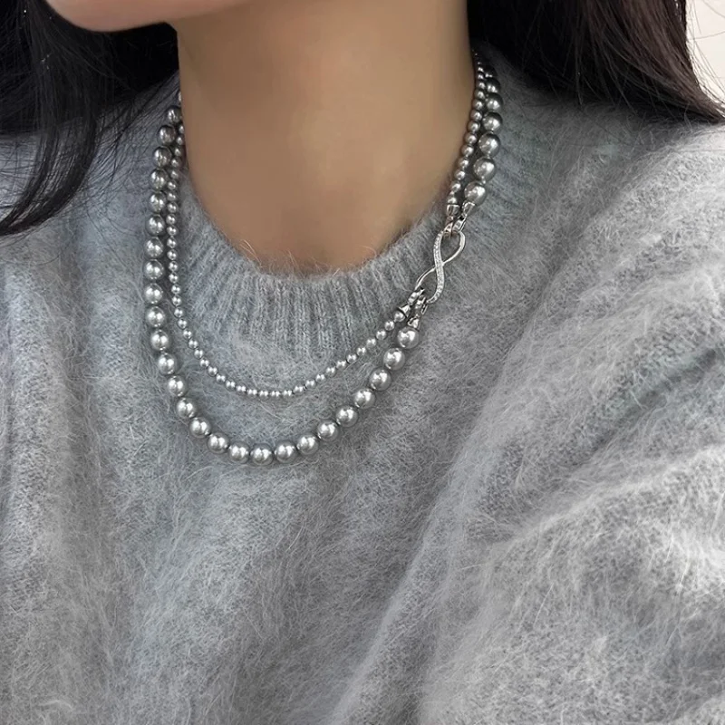 High quality elegant 8-shaped buckle double pearl necklaces unique detachable suitable for wearing linen gray chains jewelry