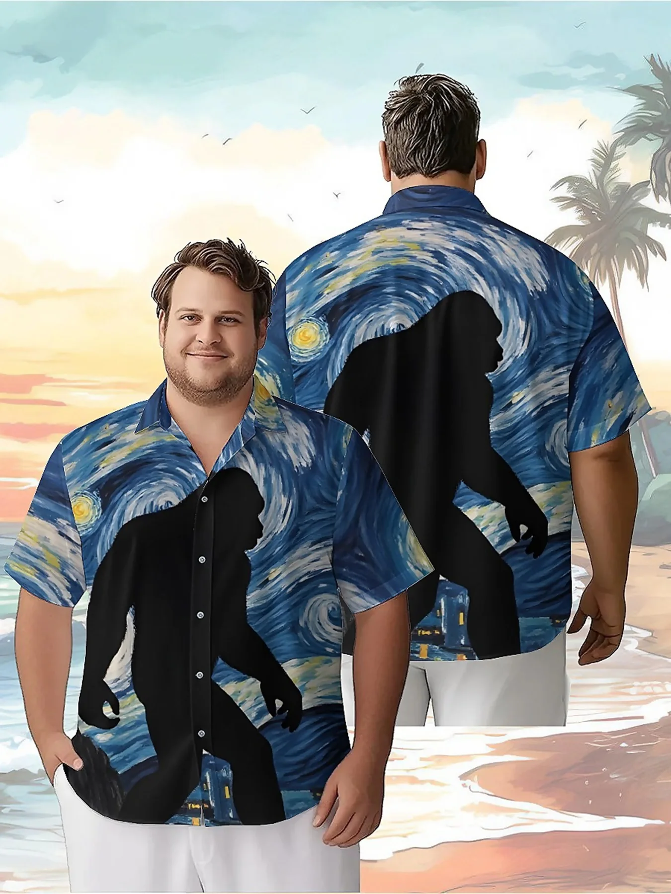 

Men's Plus Size Hawaiian Shirts Starry Night Gorilla Pattern, Summer Casual Tops, Suitable for Outdoor and Party, Streetwear