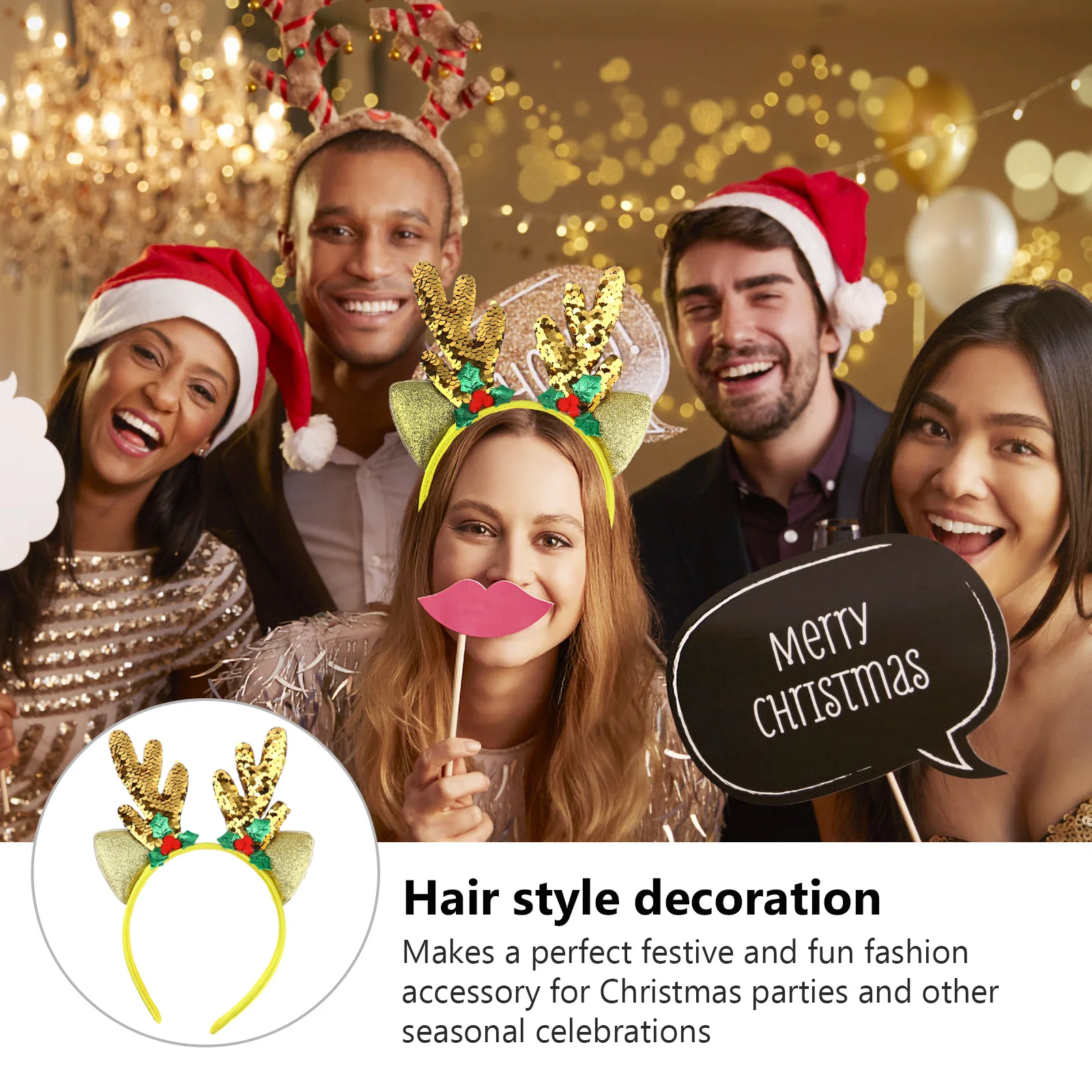 

2pcs Christmas Headband Antler Hair Hoop Glitter Sequins Holiday Party Xmas Dance Masquerade Night Event Elk Hairband Festive