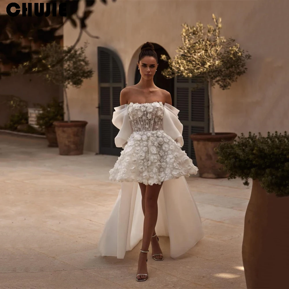 

Customize White 3D Flowers Mini Wedding Dress Detachable Puffy Sleeves Train vestidos de novia Cocktail Party Gown Bridal Dress