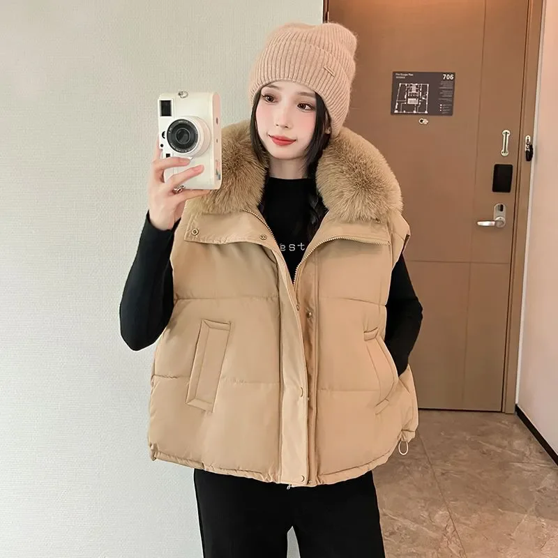

Spring Autumn New Big Fur Collar Cotton Vest Women Fashion Zipper Sleeveless Jacket Padded Waistcoat Female Loose Outwear W1109