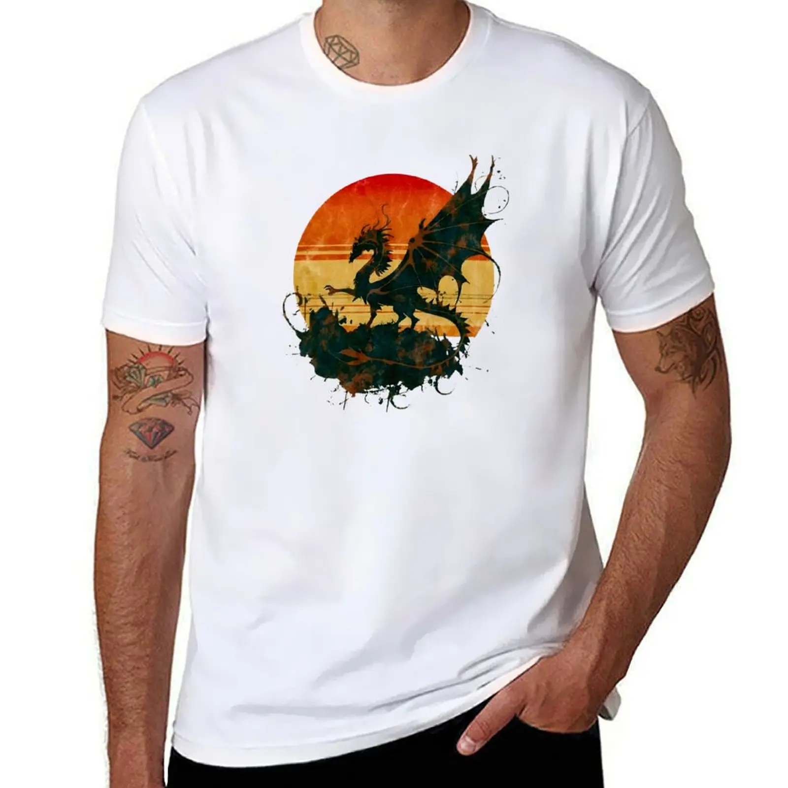 

Aged Majesty: Dragon Silhouette in Vintage Twilight T-Shirt anime t shirts for man funny t shirts dark humor T-Shirt