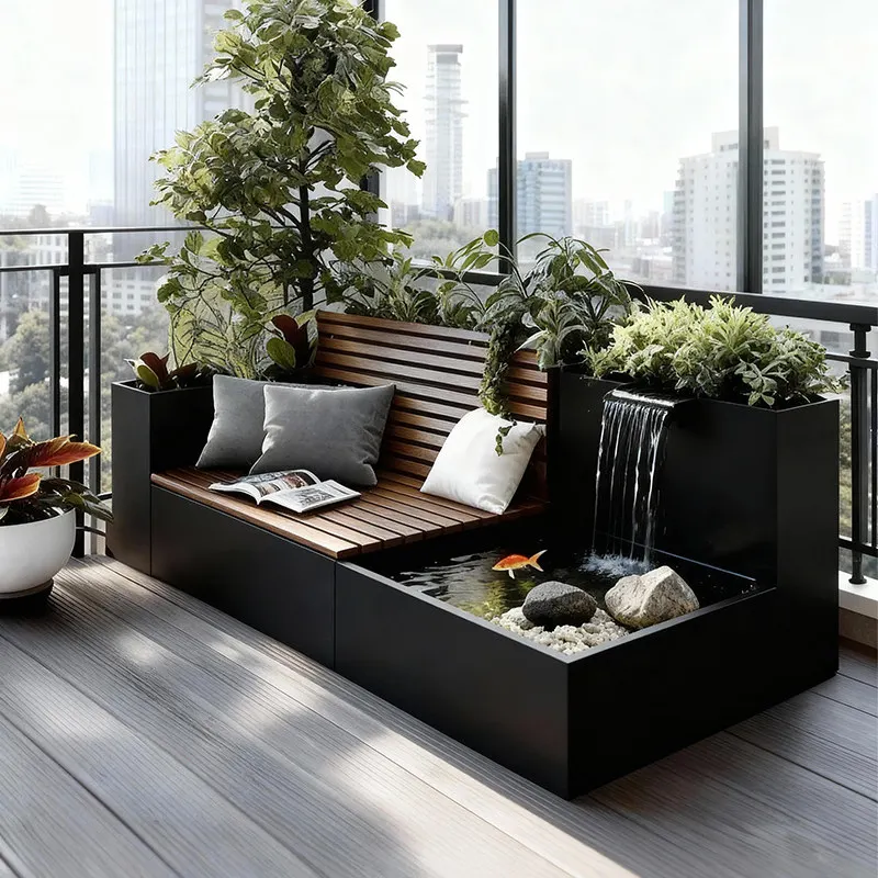 Aluminum alloy balcony waterscape flower box, seat and stool combination planting outdoor courtyard flowing water landscape wall