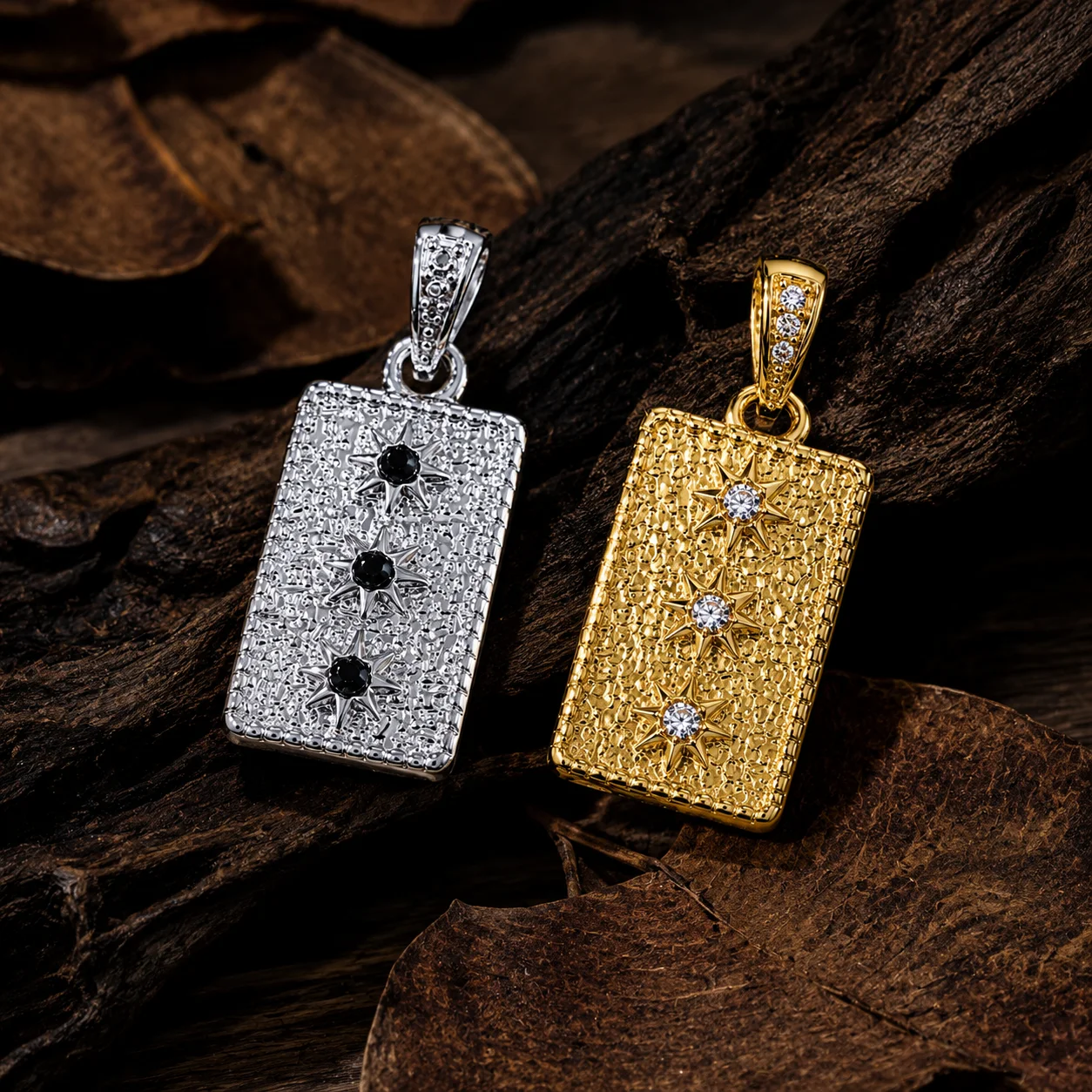ZHENL Strukturierter Rechteckiger Anhänger Charm 18K Vergoldeter Edelstahl 3 Sternförmige Sterne Halskette Damen Herren Schmuck – Detail 5
