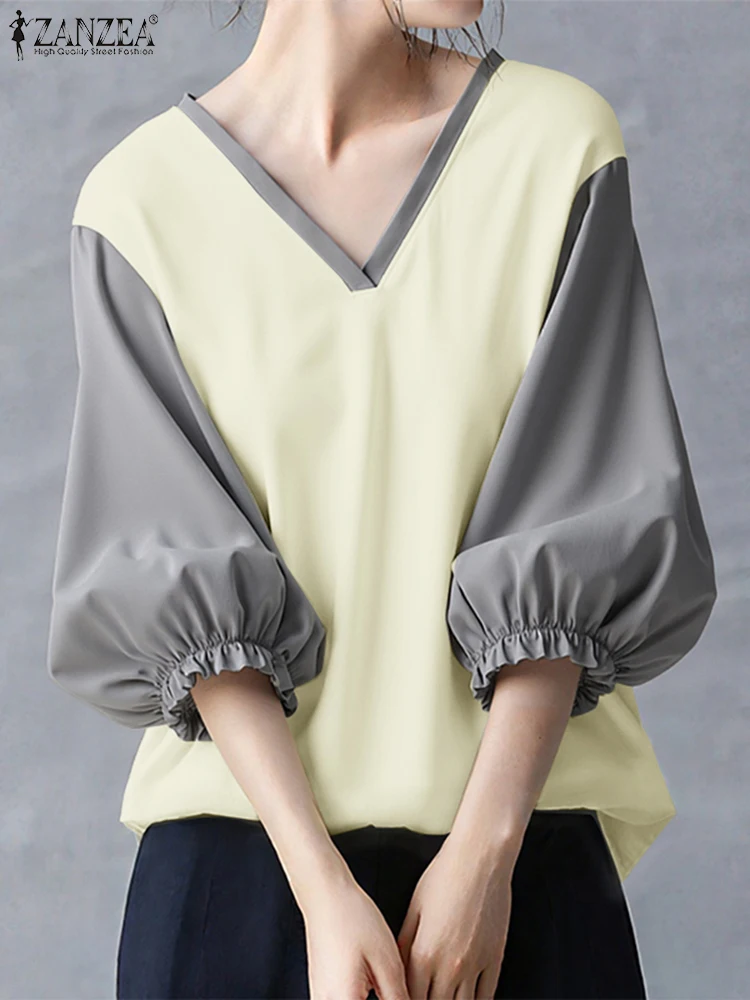 

ZANZEA Elegant Women Blouse Autumn Lantern Sleeve V-Neck Color Patchwork Casual Shirts 2025 Fashion Office Lady Korean Blusas