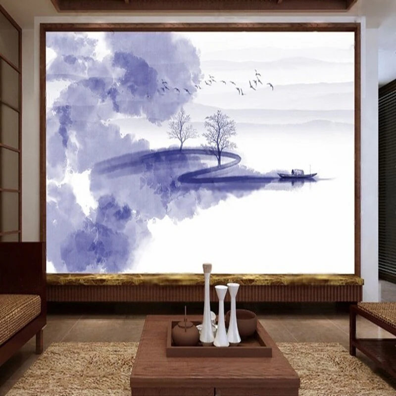 新しい中国風青色の抽象的な水墨画風景画展示ホールの壁ステッカー装飾壁画背景