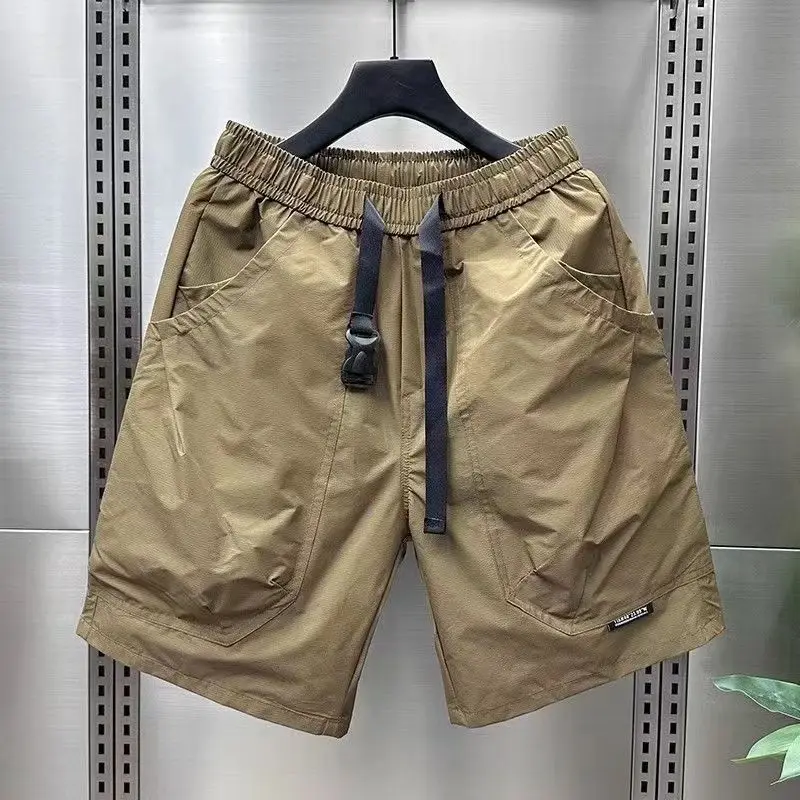 Trendy Brand Fashion Summer Men\'s Solid Color Elastic Waist Drawstring Pockets Patchwork Casual Loose Cargo Knee Length Shorts