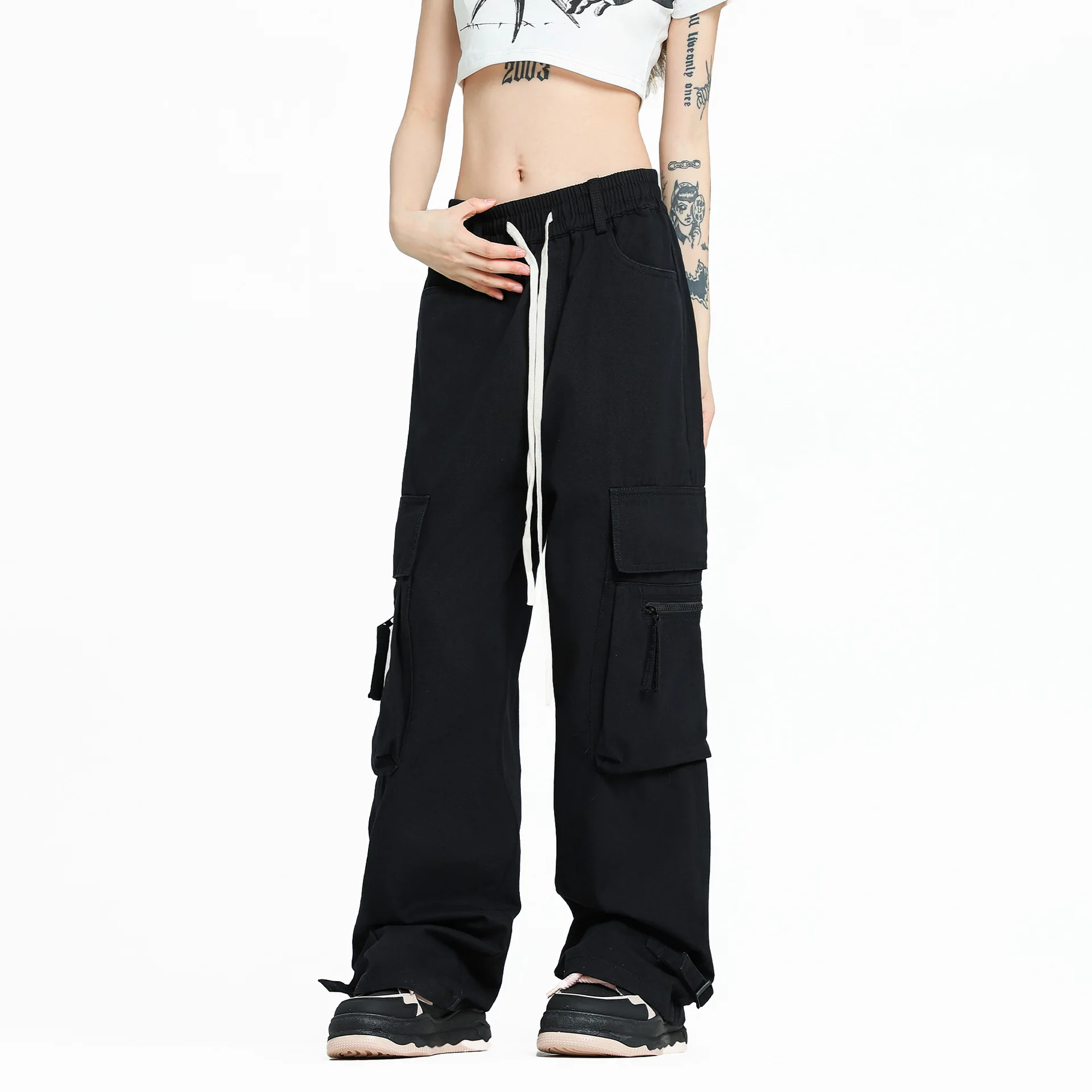 OR FL American Retro 100 Cotton Women Staraight Cargo Trousers Trendy Brand Baggy Pull Rope Self-cultivation Wide Leg Pants Y2k