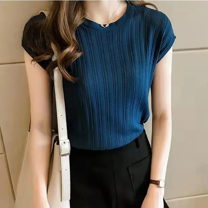 Women's Knitted T-shirts O-Neck Cap Sleeves Pullovers Casual Tees Summer Basic Lightweight Rib-Knit Tops