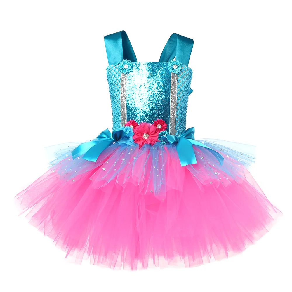 Trolls Tutu Dresses Girls Princess Poppy Birthday Costumes Kids Magic Elves Halloween Dress Girl Fairy Flower Outfits Cosplay