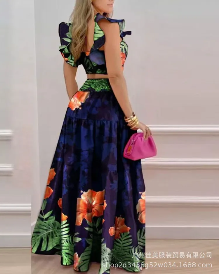 Positioning Printed Skirt Set Spring Summer New Fashion Women's Clothing A-word Long Style And Ankle Temperament Sexy High Waist