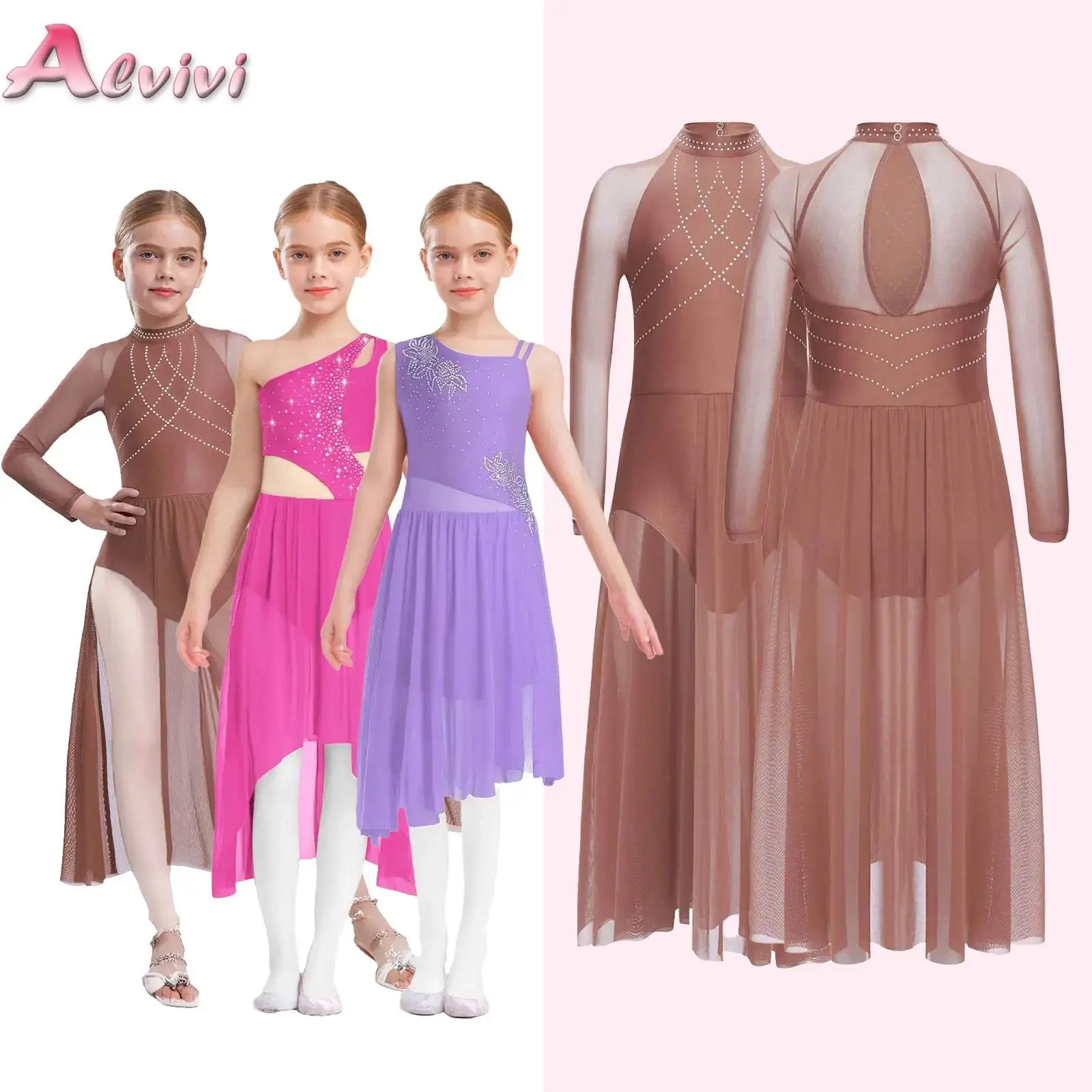 

Kids Girls Lyrical Dance Dress Performance Costume Shiny Rhinestones Sheer Mesh Flowy Split Dress Ballet Dancing Leotard Dresses