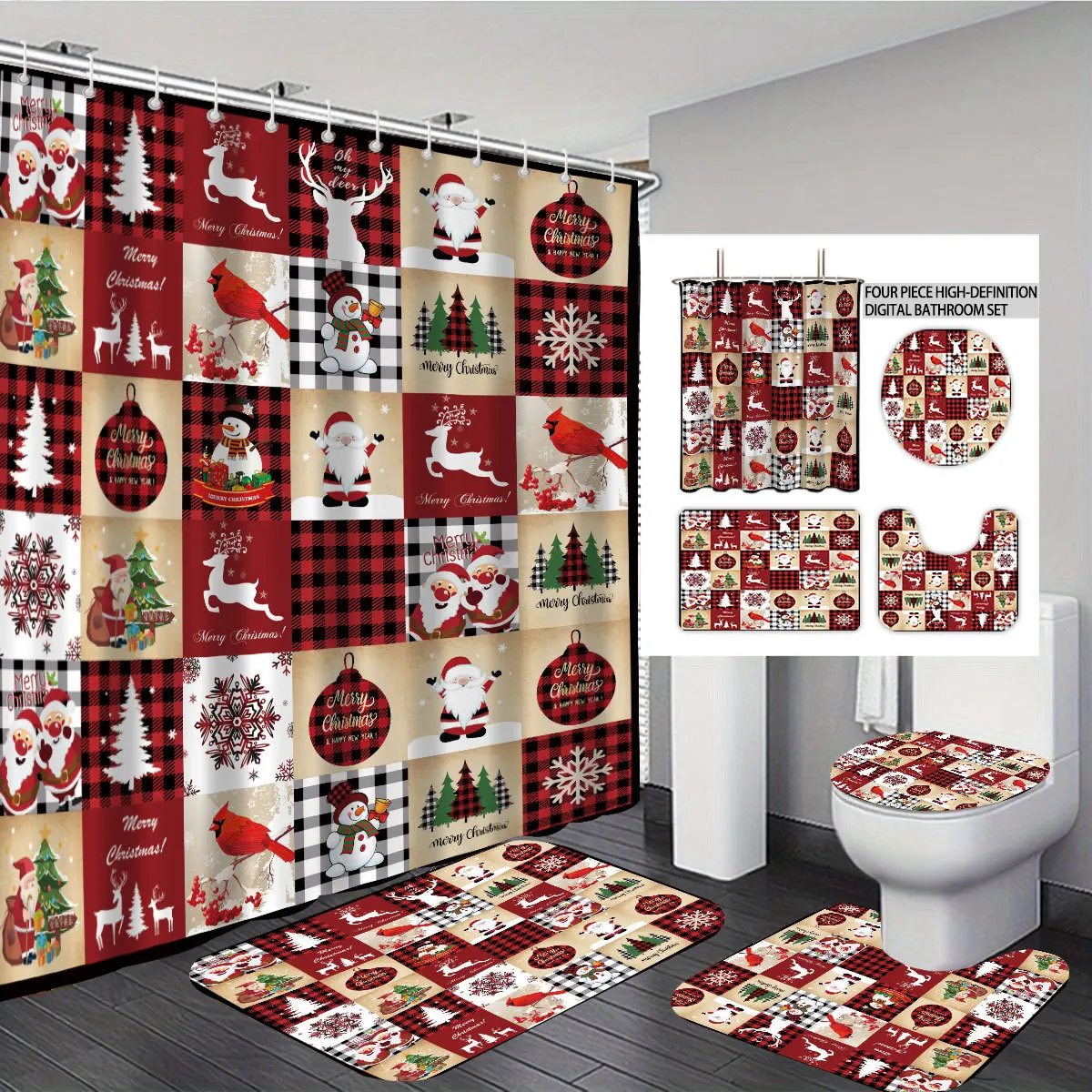 1/3/4pcs Shower Curtain 3D Print Polyester Curtain for Bathroom Decor 4pcs Set Toilet Seat Cover Bathroom/U-shaped Floor Mat
