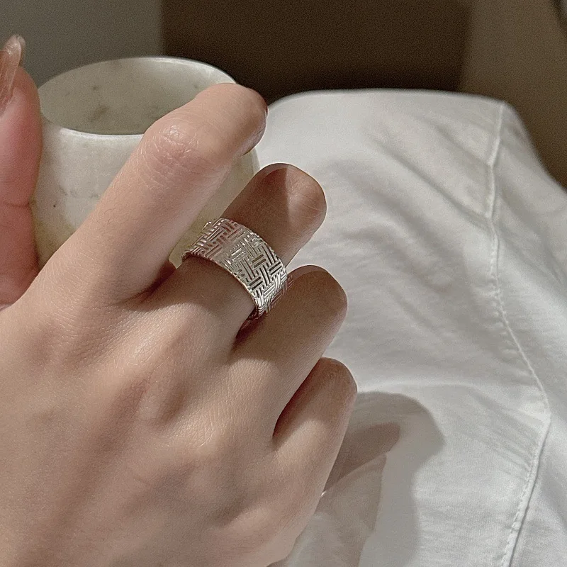 خواتم من الفضة الإسترليني عيار 925 للنساء مجوهرات رفيعة هندسية قابلة للتعديل بشريط عريض كهدية لحفلات أعياد الميلاد #3