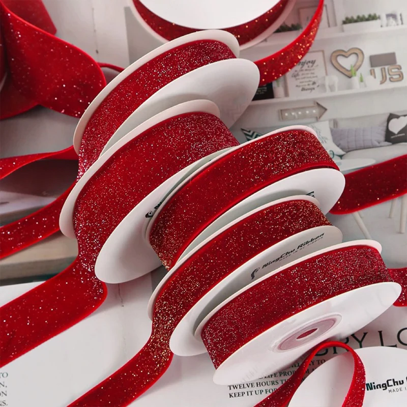 6/10/20/38mm christmas Velvet bow gift ribbon packaging DIY new year Red Velvet Gold Glitter Festival  Ribbon for decorationDD14