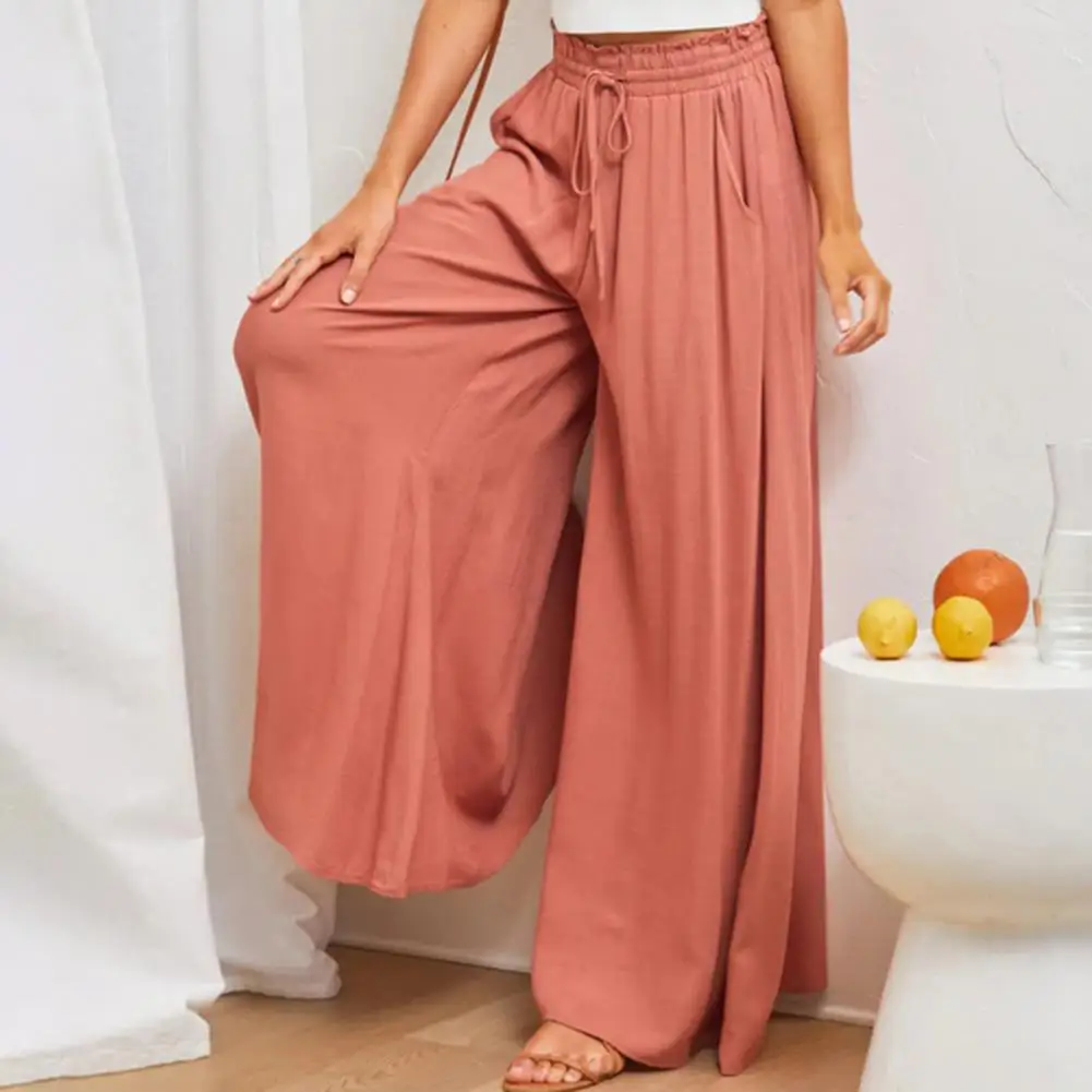 

New Spring Autumn Women Trousers Elastic Waistband High-Waist Drawstring Slant Pockets Casual Oversized Straight Wide Leg Pants