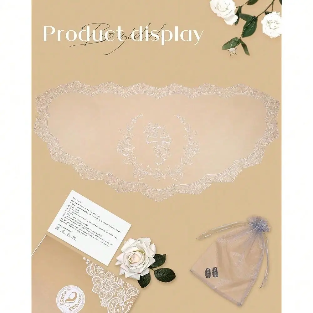 

1rch Catholic Veils For Women, Long D Shaped Floral And Cross Chapel Veil, Latin Mass Lace Mantilla Head Coverings