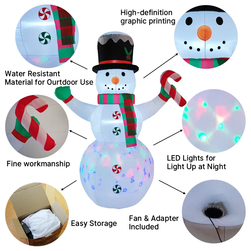 Pupazzo di neve di Natale gonfiabile da 2,4 M / 7,8FT con luci a bastoncino di zucchero Decorazioni per la casa a LED Decorazioni gonfiabili per esterni da giardino
