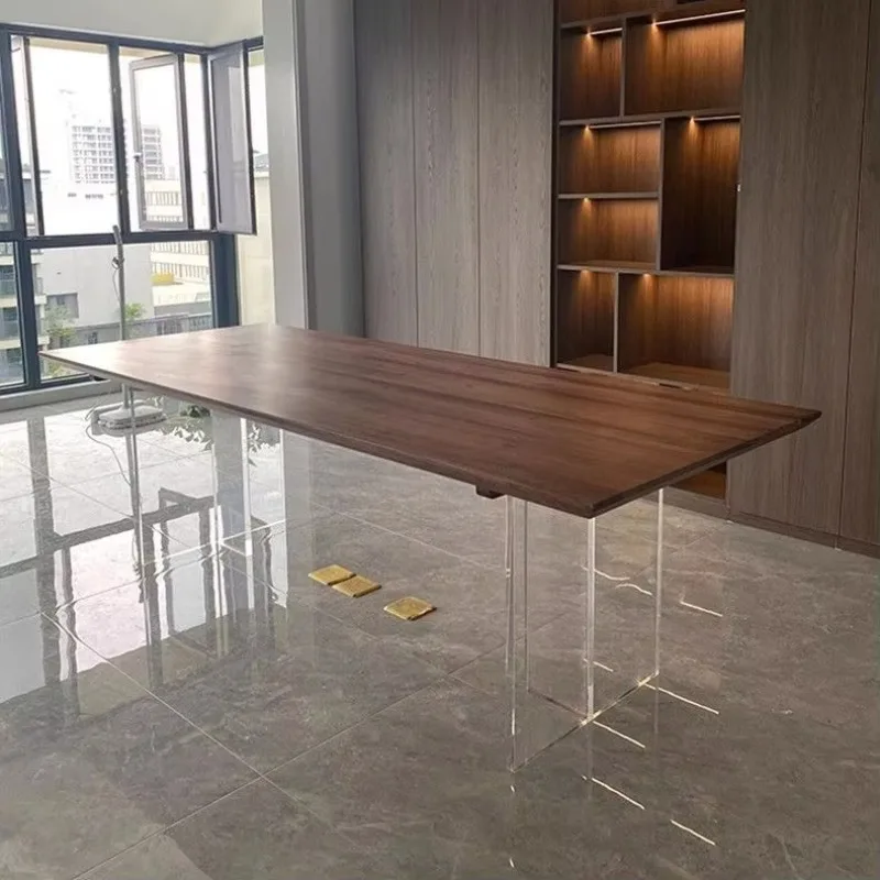 Zwart walnoot acryl hangende massief houten eettafel en stoel combinatie groot bord werkbank wabi zandwind home Nordic s