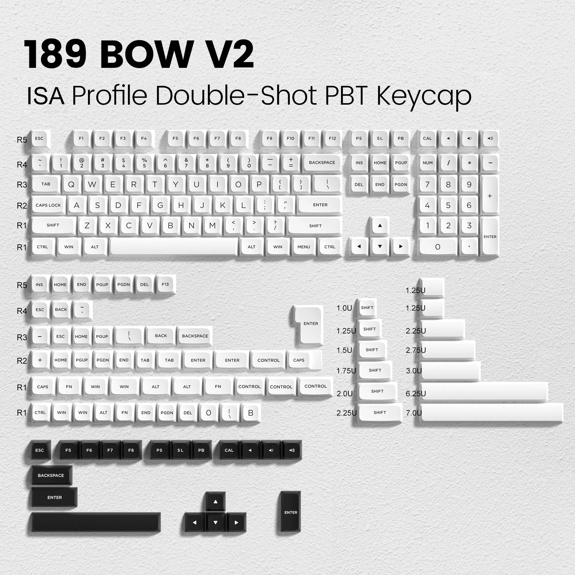 189 Keys Double Shot Keycaps ISA Profile Black on White PBT Keyboard Keycaps for Gateron Cherry MX Switches Mechanical Keyboard