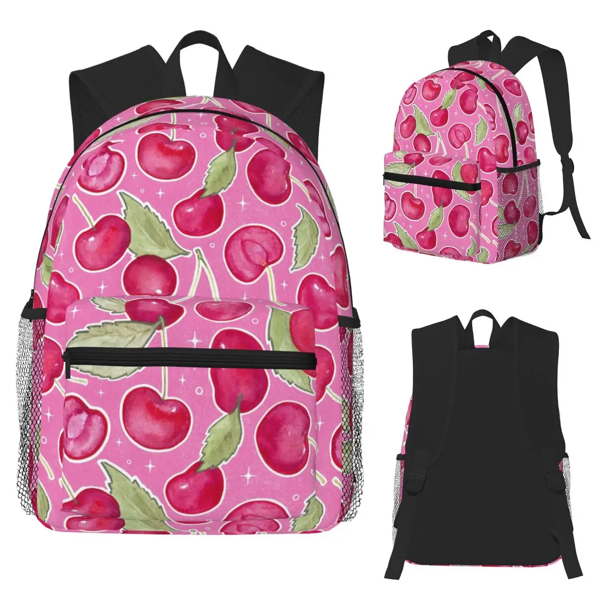 

I See Cherries And Stars In Dark Pink - Fruit Pattern Student Backpack School Bag Hiking Travel Daypack Bookbag Shoulder Bags