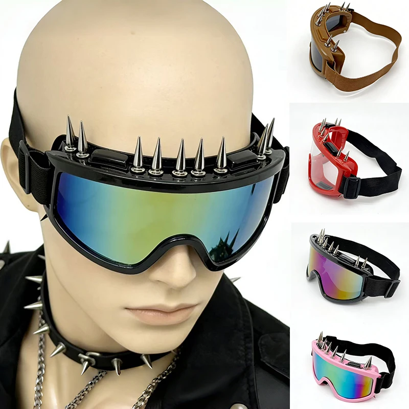 

Trendy Punk Spike Rivet Colorful Large Frame Men Protective Goggles Motorcycle Exaggerated Style Windproof Dustproof Ski Goggles