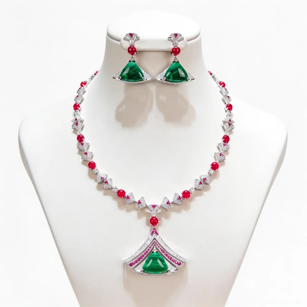 Vintage Fashion Necklace Earrings Inlay Cubic Zircon Synthetic Green Agate Fanshaped Pendant Red Beads Chain Party Jewelry Sets