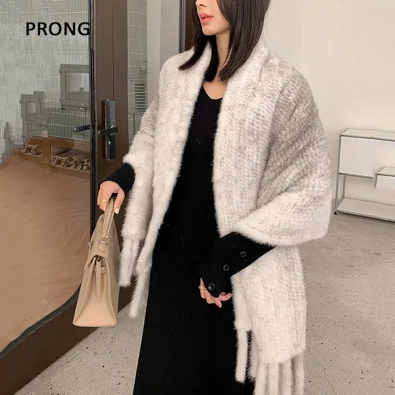 100% Natural Mink Fur Shawl Women Winter Warmth Extra Large Tassel Real Fur Scarf With Pocket Fashion Genuine Mink Fur Ponchos