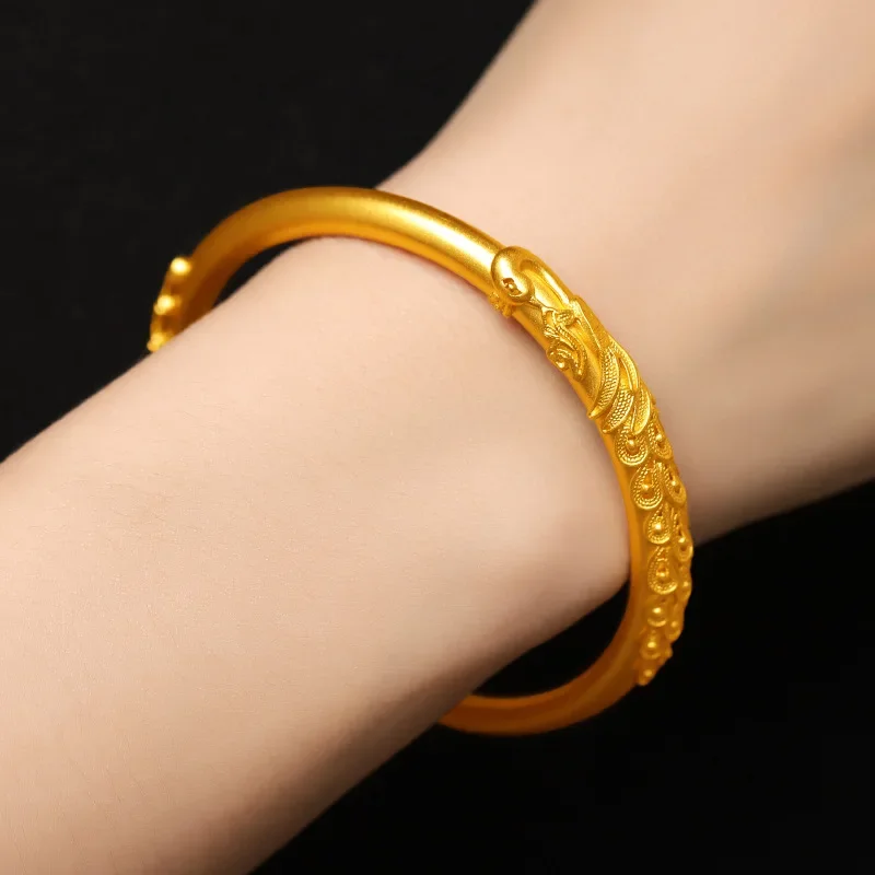 High Quality 24K Gold Bracelet for Women AU999 Dragon and Phoenix Bracelet for Women Retro Inlaid Peacock Royal Bracelet