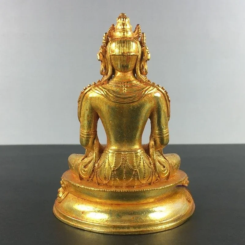 Vintage Gilded Amitayus Buddha Statue Tibetan Longevity Buddha Sculpture Home Worship Decor Collectible Ornament
