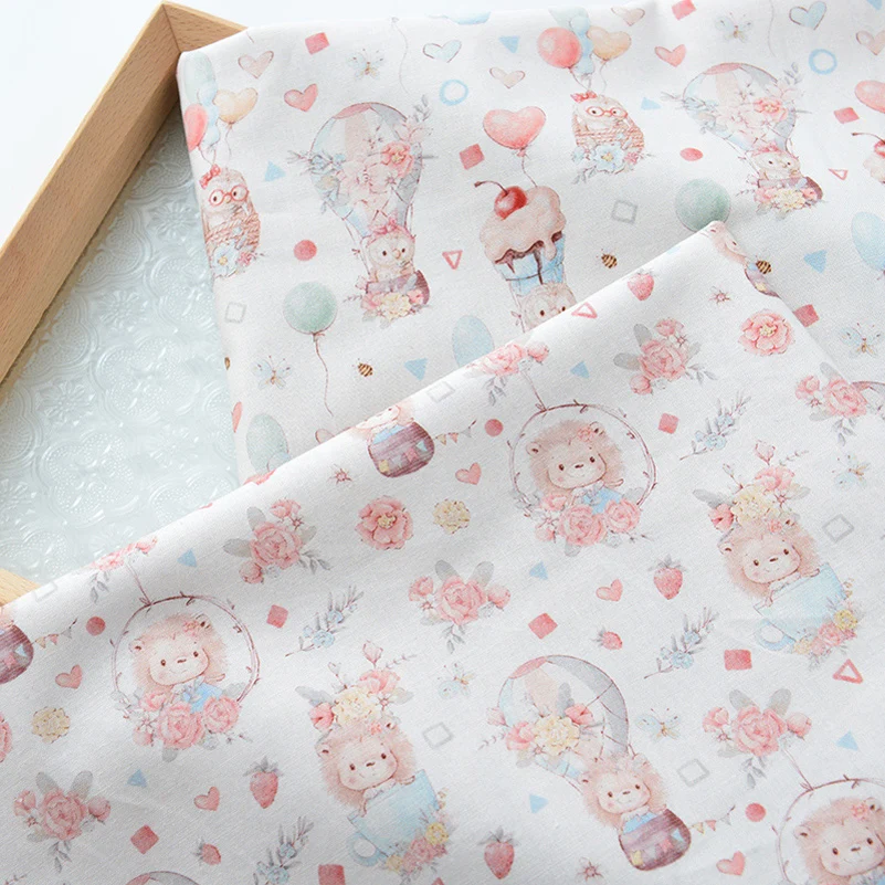 100%Cotton Pastoral Flowers Hot Air Balloon Lion Owl Digital Printing for Sewing DIY Handmade Muslin by Half Meter