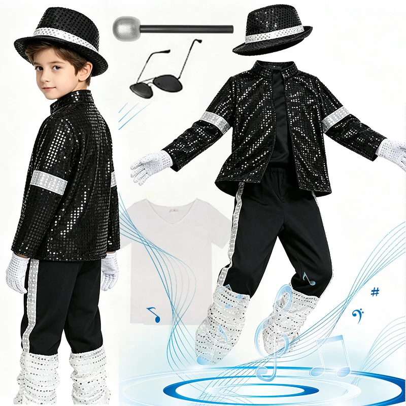 70s 80s Boys Glitter Sequined Party Costume Complete Accessories Retro Singer Outfit Halloween Birthday Role Play Clothes