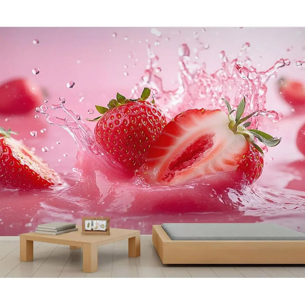 

3D Strawberry Wall Mural, Pink Berry Murals for Kids Room, Living Room, and Bedroom TV Background Decor - 169.3 W x 118.2 H