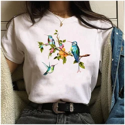 T-shirt manches courtes col rond femme, estival et décontracté, imprimé oiseaux et fleurs, mignon