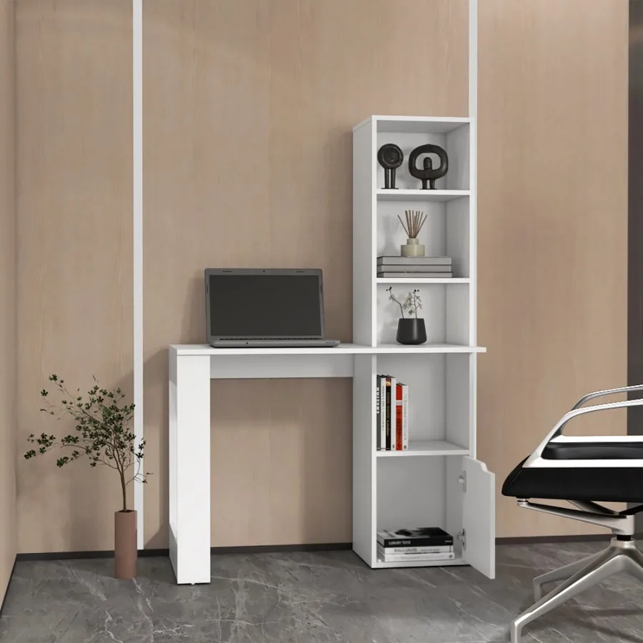 White Computer Desk 4-Tier Bookcase 1-Door Cabinet