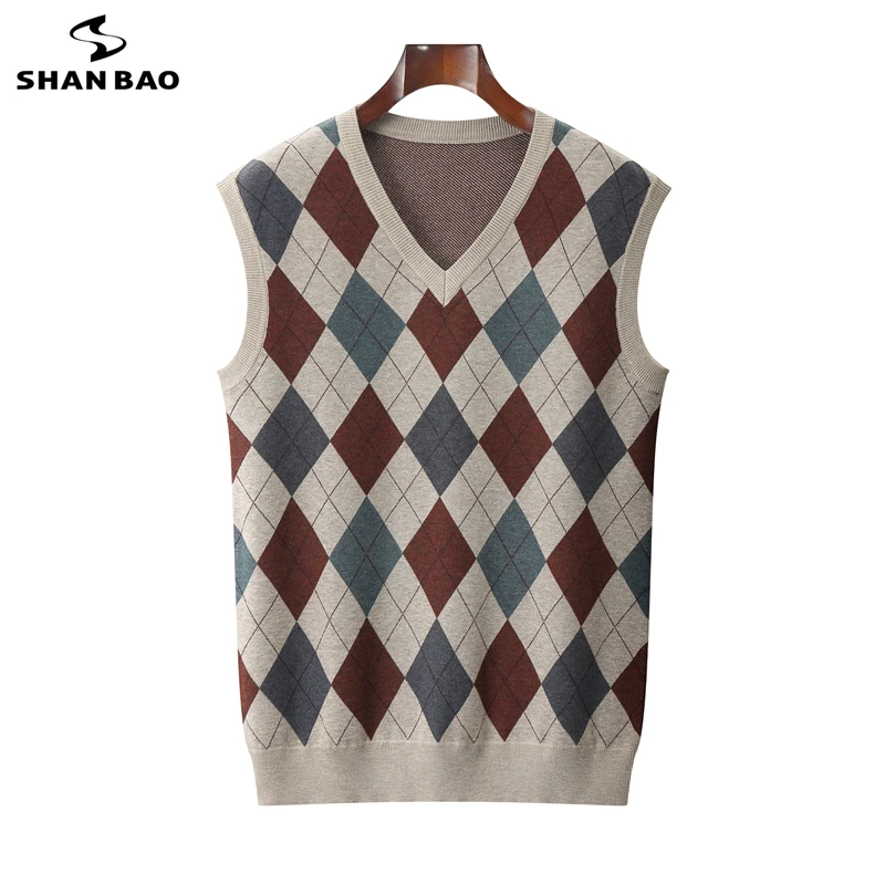 SHAN BAO spring brand 4XL 5XL 6XL 7XL 8XL V-neck knitted vest Classic high-quality rhombus men\'s plaid pullover wool sweater