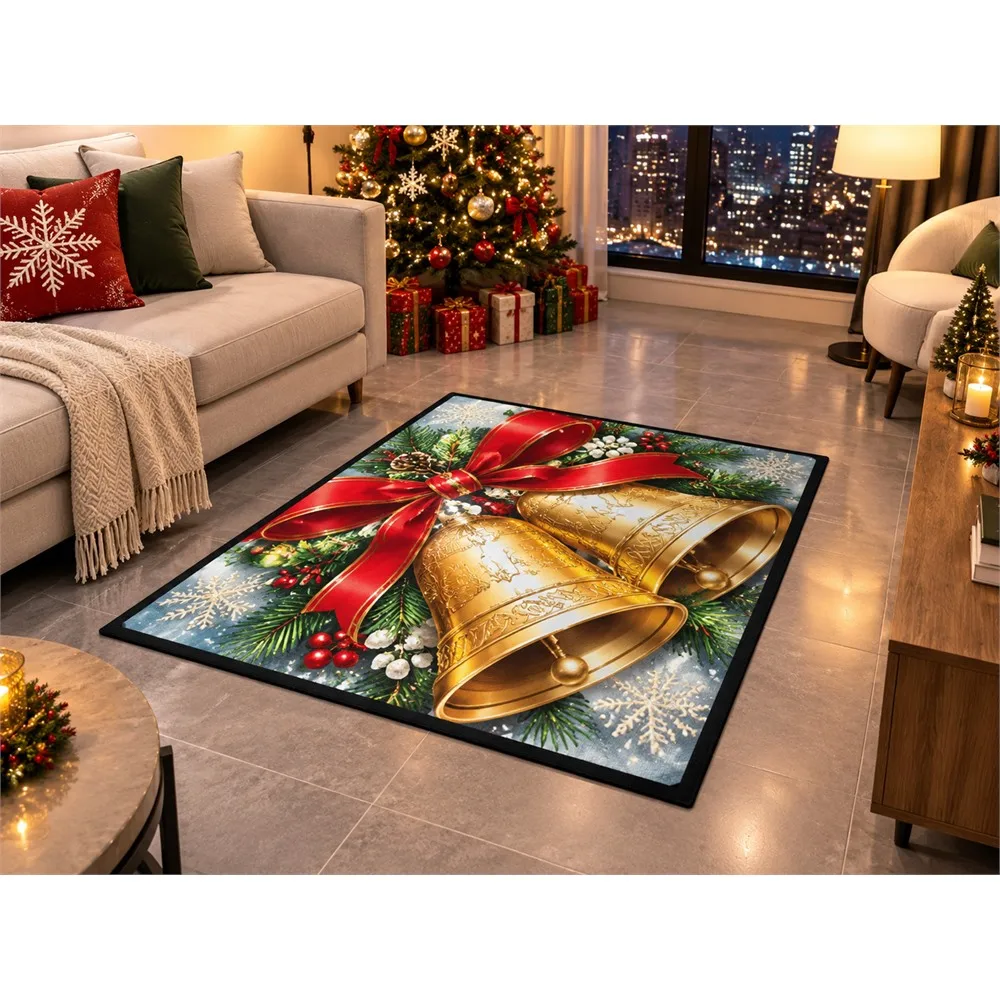 VIKAMA Christmas Ice Blue Bell Flannel Door Mat, Washable Quick Dry Xmas Mat, Christmas Decor for Mudroom, Farmhouse, Laundry