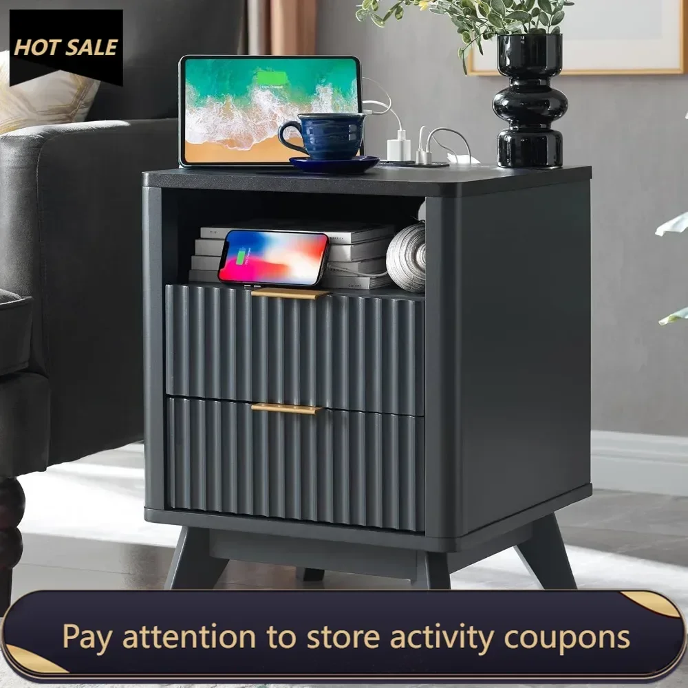 Fluted Nightstand with Charging Station, 2 Drawers End Table w/Storage, Bedside Table for Bedroom, Living Room, Dark Grey