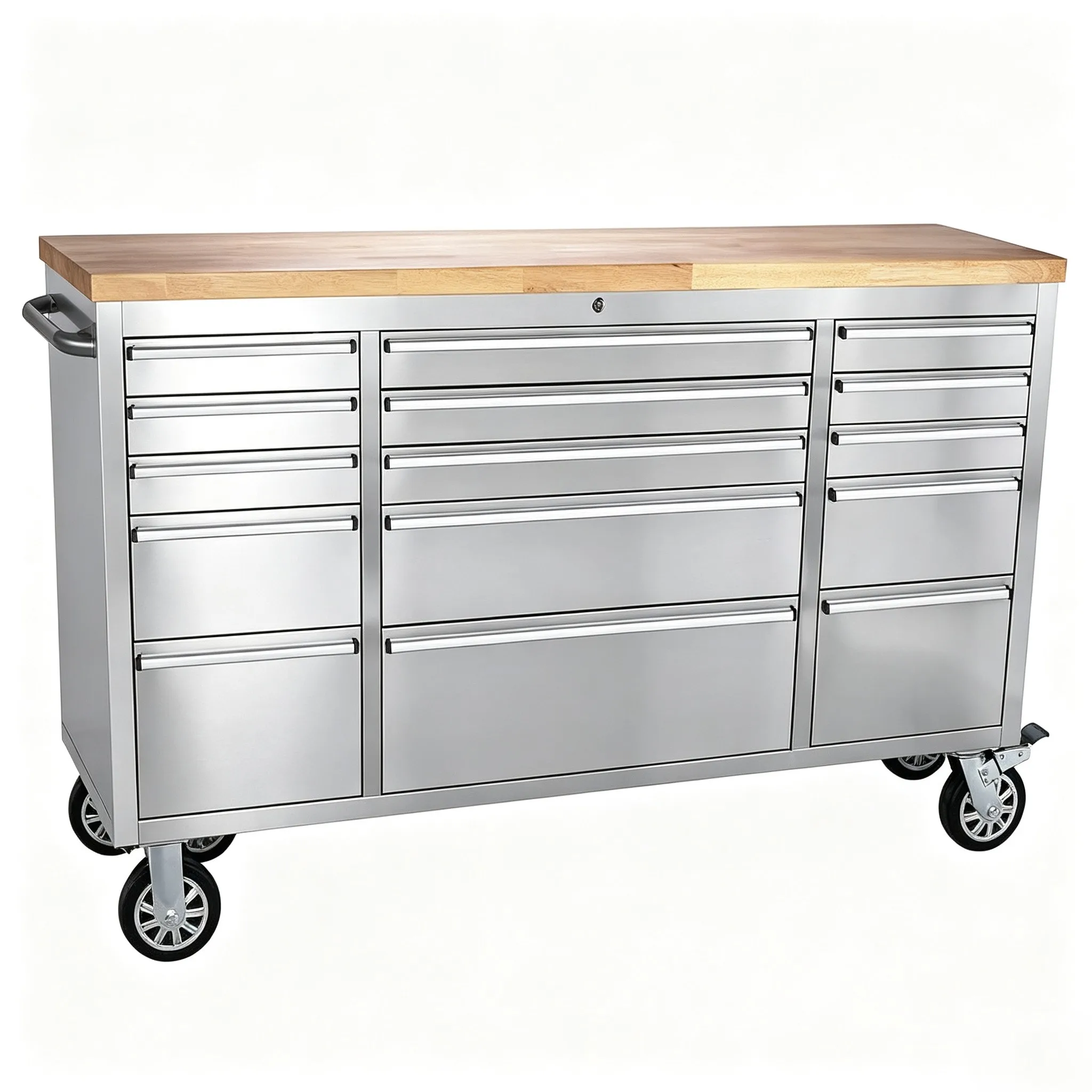 Tacleekii 72 Inch Rolling Tool Chest Heavy-Duty Stainless Steel Cabinet with 15 Drawers, Solid Wood Workbench Top, Locking Casters & Built-in Power Outlets, Mobile Tool Organizer for Garage, Workshop, and Home