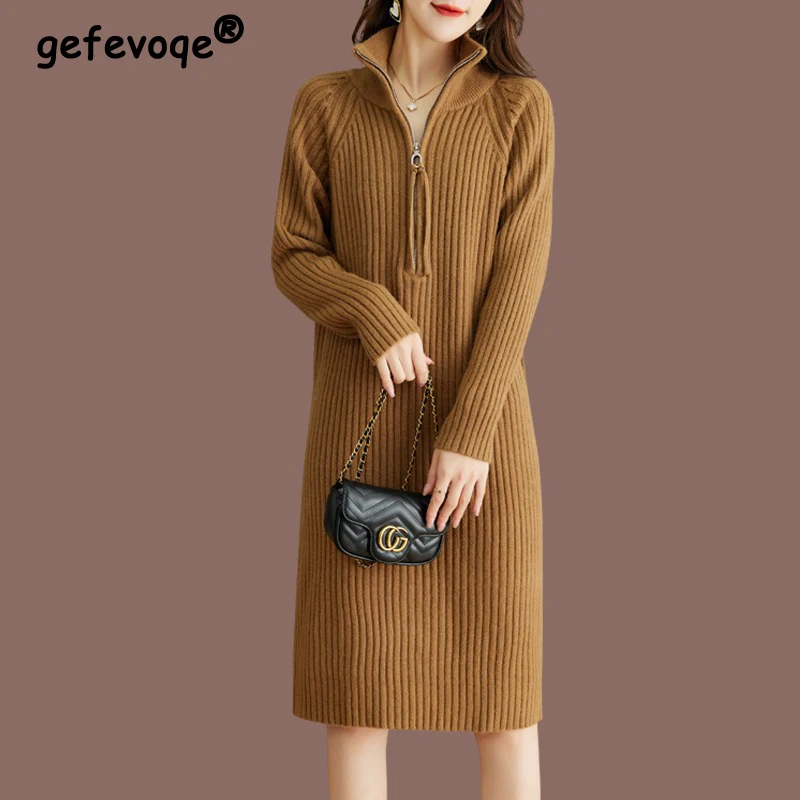 

Autumn Winter Stand Collar Elegant Fashion Knitting Dress Female Long Sleeve Loose Casual Zipper Robe Women Solid Color Vestidos