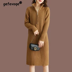 Autumn Winter Stand Collar Elegant Fashion Knitting Dress Female Long Sleeve Loose Casual Zipper Robe Women Solid Color Vestidos