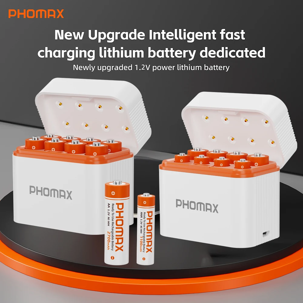 PHOMAX 8-Slot Fast Charging Box 2700mAh High Capacity 1.2V AA Rechargeable Batteries & 1100mAh 1.2V AAA NI-MH Battery For Toys
